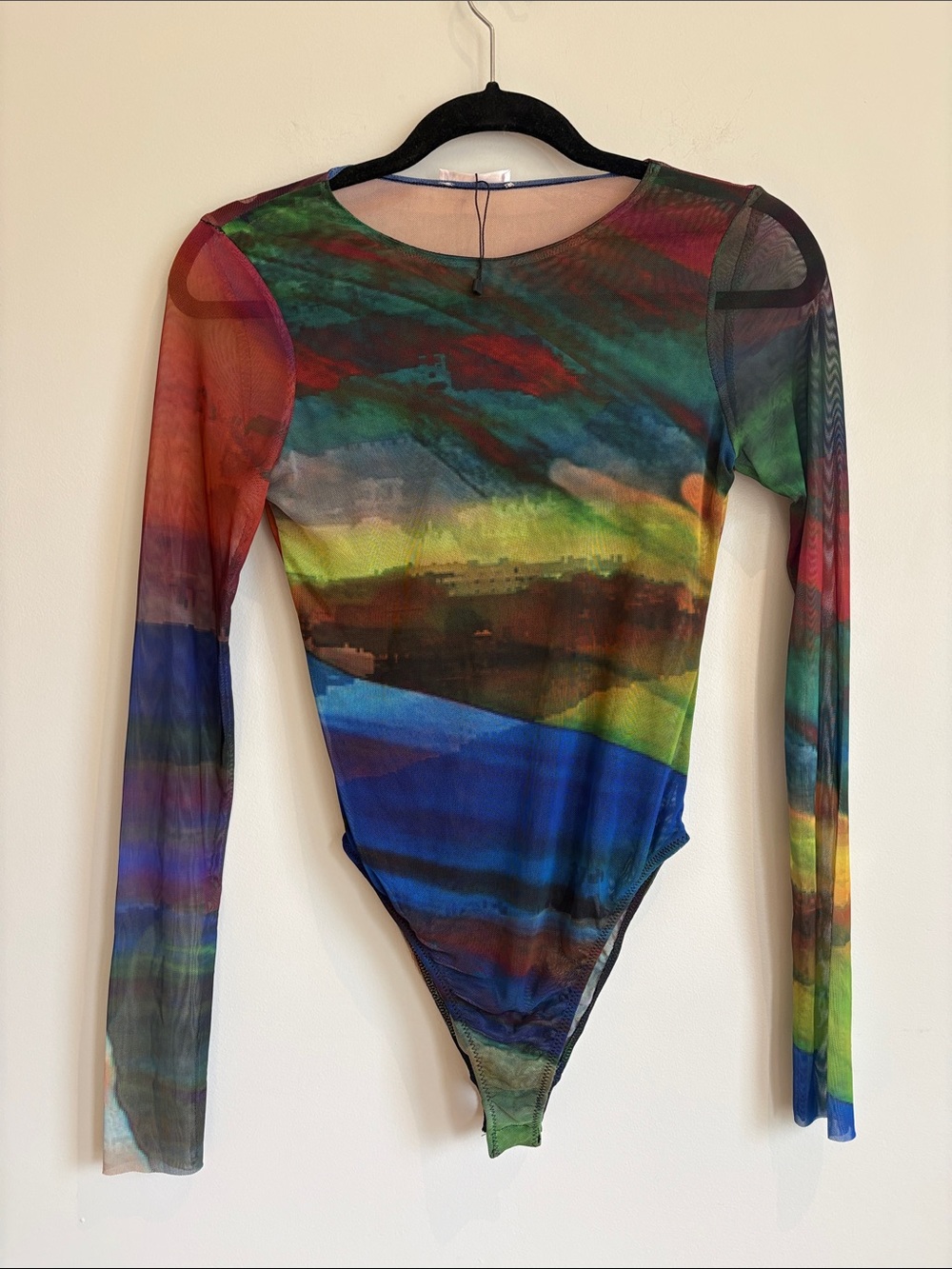 ZARA Abstract Print Sheer Mesh Long Sleeve Bodysuit S